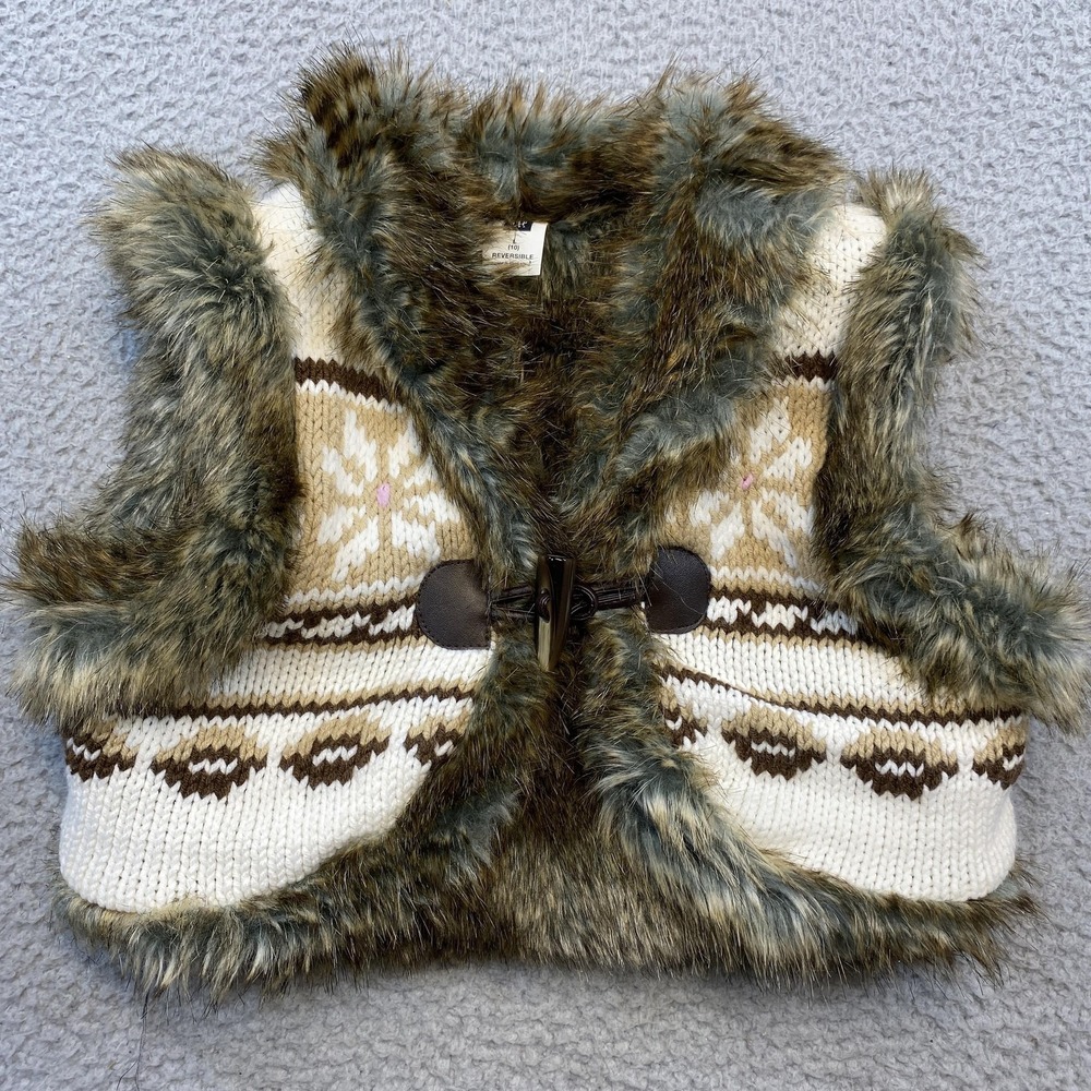 GAP Kids Vest Youth Large 10 Brown Reversible Faux Fur Knit Snowflake Fair‎ Isle